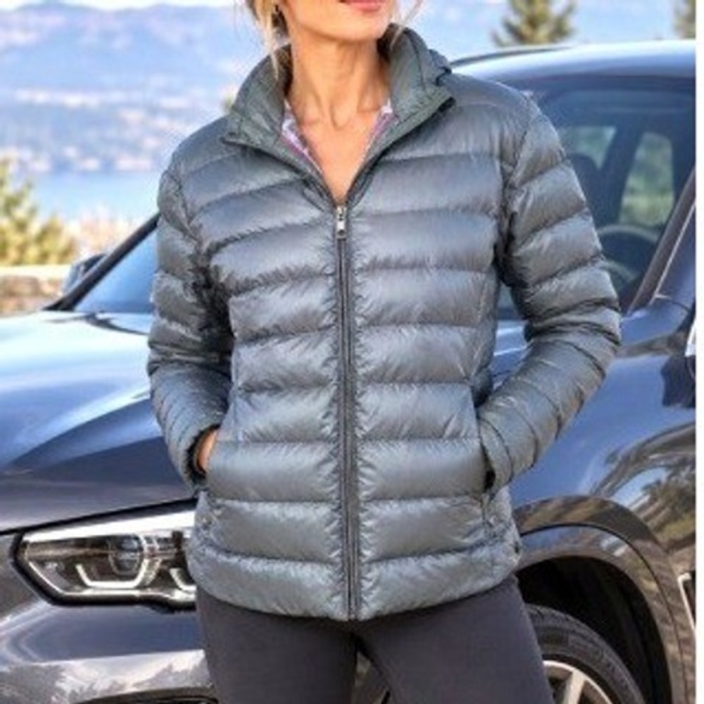 BMW Motorsport Silver Green Metallic Ultra Light Down Puffer Jacket Coat Women L